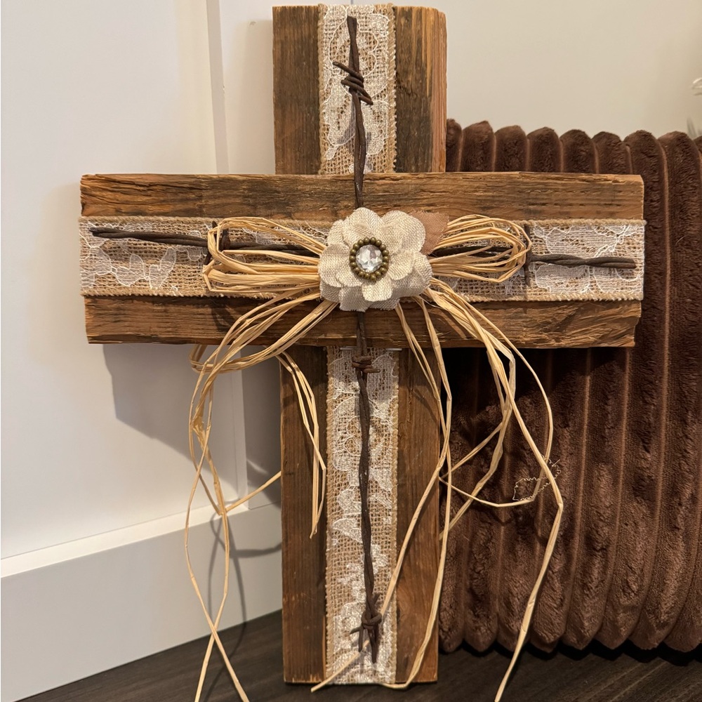 Rustic Brown Wooden Cross with Cream & Natural Colored Accents